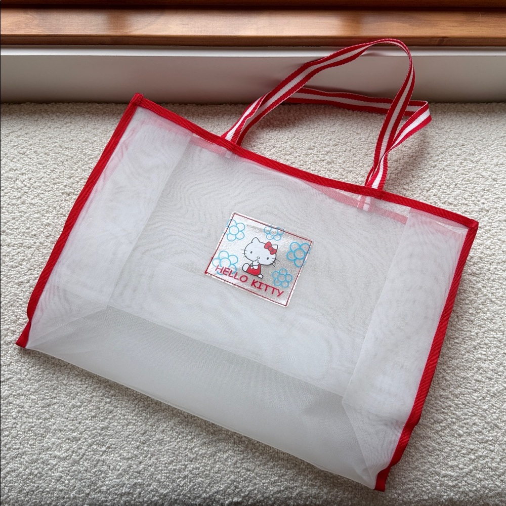 Hello Kitty Nylon Fine Mesh Tote Bag w/ Striped Handles